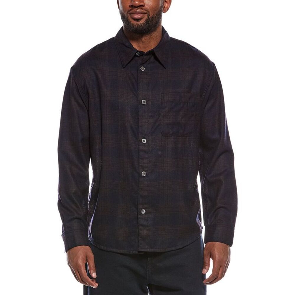 Frame Denim Mens  Wool Plaid Shirt, Navy